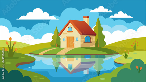 A simple yet charming cottage surrounded by acres of farmland and a small pond reflecting the blue sky.