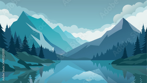 A serene lake nestled a hazy mountains its reflection mirroring the hazy skies above.
