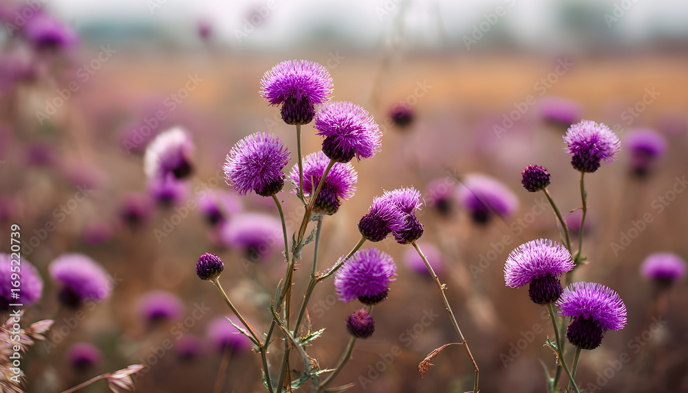 Fototapeta premium thistle flowers close up on blurred field background