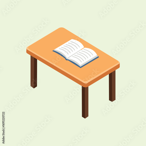 Isometric illustration of a wooden table with an open book on it, depicting an atmosphere of studying, reading, and educational activities.