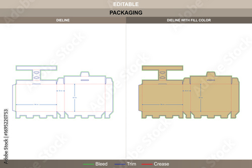 Hanging food box dieline with tuck end design, die line layout for hanging packs, printable vector template, and product packaging mockup for food containers
