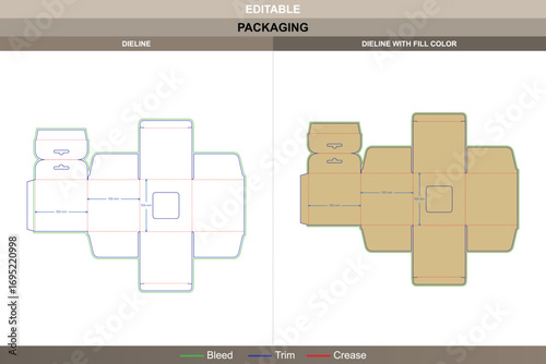 Square hanging toy box dieline with window display design, printable product packaging template, vector layout, and die line for hook-style toy packaging
