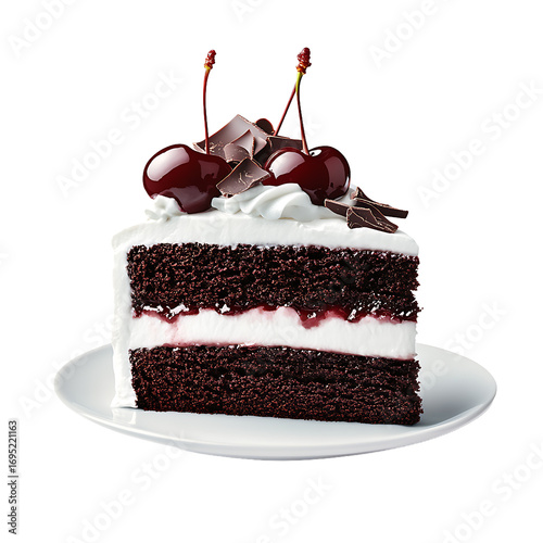 Slice of Black Forest Cake with Cherries and Whipped Cream