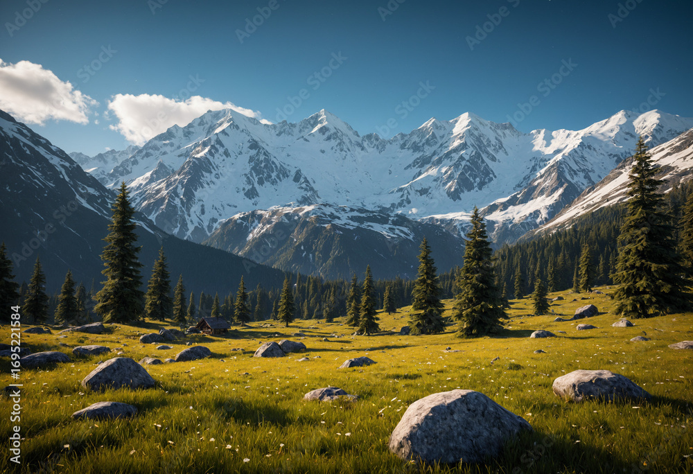 Fototapeta premium 3D Game Asset peaceful meadow in the mountains with snow-capped peaks in the background