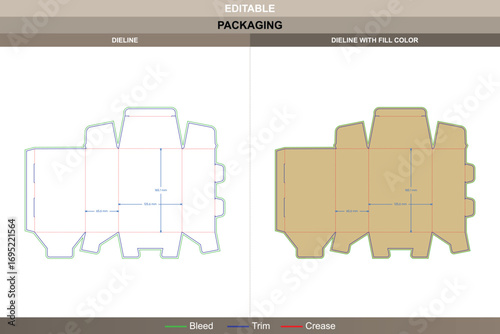 Tuck end boxes dieline with back open design, die line included, printable vector template, product packaging layout, and professional packaging mockup