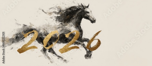 Elegant 2026 illustration with running horse in Asian ink brush style and golden calligraphy numbers. Symbol of speed, strength, and new year celebration.