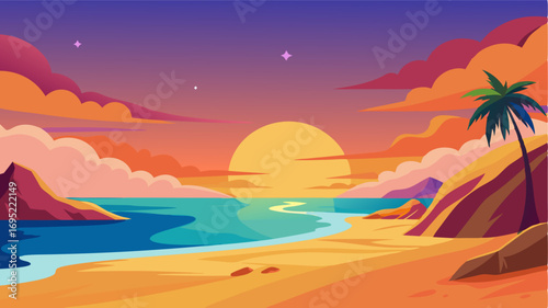 As the day draws to a close the sandy beach is transformed into a warm oasis with the rich colors of the sunset casting a magical spell over the landscape.