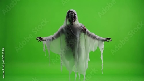 Spooky ghost floating with arms outstretched on a green screen for halloween projects and compositing halloween ghost green screen video