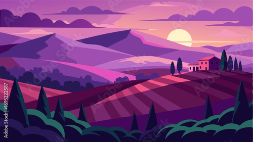 As the sun sets the Mediterranean hills are awash in shades of purple and pink a stunning backdrop to the idyllic countryside filled with olive groves and vineyards.