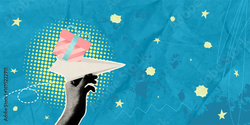 Trendy halftone pop art collage. Paper airplane with gift box on blue background. Online store concept, gift delivery.