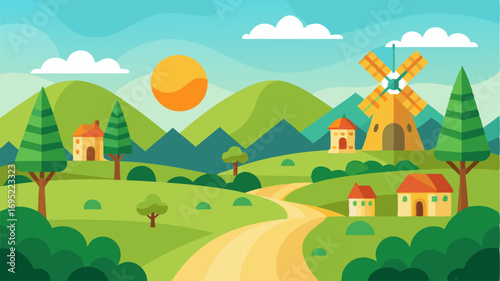 A sunkissed valley of green meadows flourishing orchards and picturesque windmills spinning in the gentle breeze.