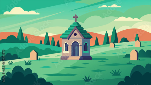 A solitary chapel stands stoically amidst the vast fields its ancient cemetery a peaceful resting place for generations to come.