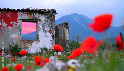 Abandoned building reflects sunset amidst a field of vibrant red poppy flowers