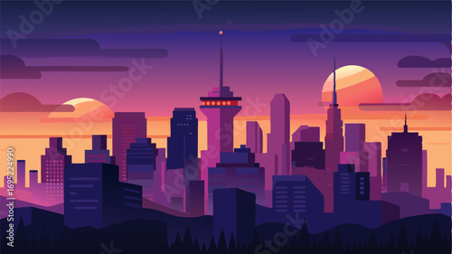 A serene view of the citys skyline at dusk blending time and space in a magical twilight hour.