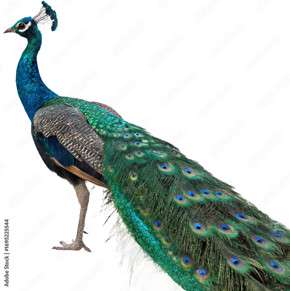 Obraz premium Majestic peacock displays vibrant iridescent plumage, a stunning symbol of beauty and grace 