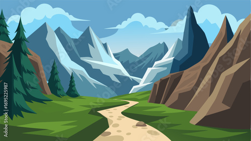 Follow a meandering trail through a valley surrounded by towering granite walls with glimpses of snowy peaks in the distance.