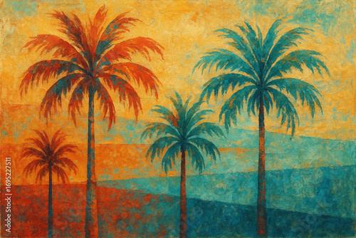 Stylized Palm Tree Composition Warm and Cool Colors Layered Textures Modern Painting Organic Feel Contemporary Interior Decor