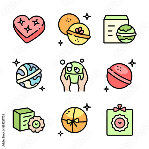 Bath salts bomb color icons set. Vector simple illustration from beauty concept. Bath Bomb Packaging. Sparkling sea salt ball for aromatherapy and relaxation.