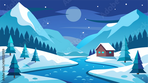 A serene winter scene where the valley is enveloped in a peaceful silence and the only sounds are that of the crunching snow underfoot.