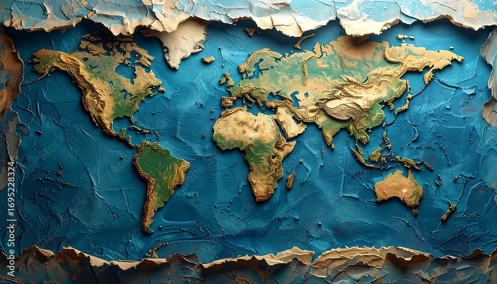 Obraz premium World map, textured, crumpled paper