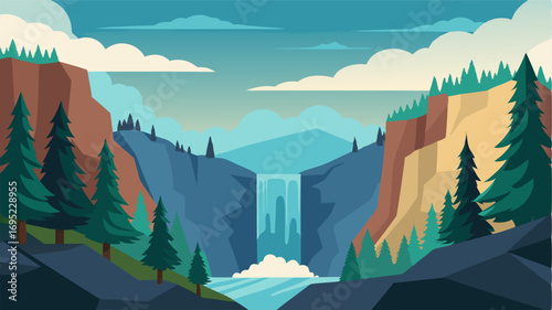 In the distance a waterfall cascades down the rocky mountainside surrounded by a thick pine forest.