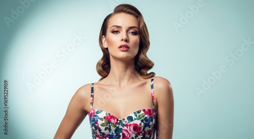 Confident caucasian young female in floral dress against soft blue background