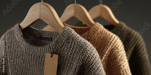 Three Cozy Knit Sweaters on Wooden Hanger with Blank Tags