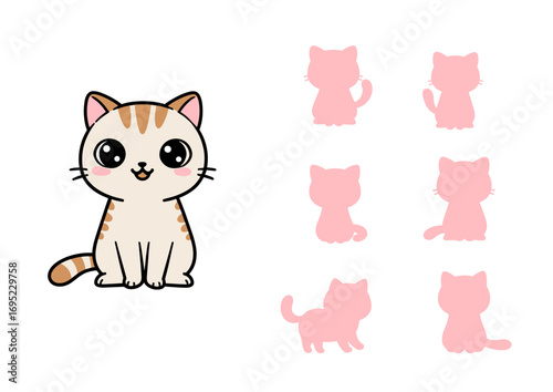 Cute cat illustration for Find the shadow game – cat – preschool activity worksheet  
