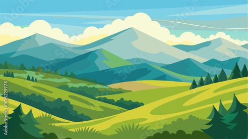 Beyond the meadow rolling hills and distant mountains can be seen creating a sense of depth and boundlessness.
