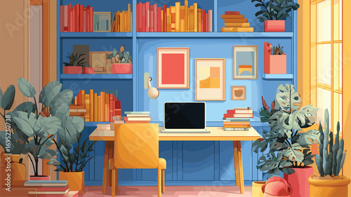 Bright modern home office with blue walls yellow furniture and organized bookshelves styled for inspiring productivity and creative workspace marketing.

