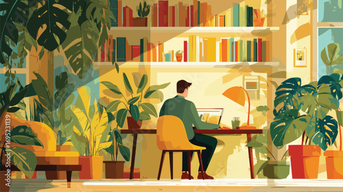 Man working at desk in lush plant filled home office with warm yellow and green palette perfect for lifestyle marketing and workspace inspiration.

