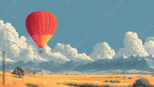 Red hot air balloon floating over golden autumn fields with mountains and clouds perfect for travel destination marketing and adventure branding.

