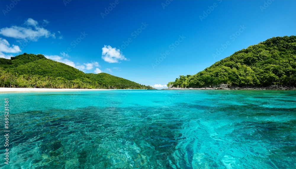 Fototapeta premium clear turquoise water of a tropical bay viewed from just above the surface with verdant hills rising on either side under a bright blue sky with