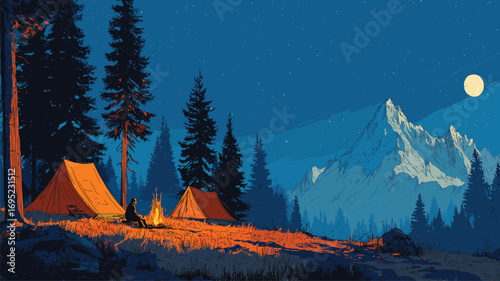 Nighttime mountain camping with glowing tents under moonlit sky perfect for adventure branding and outdoor travel marketing.

