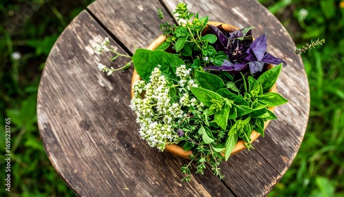 Aromatic garden herbs in a wooden bowl, rustic and inviting, fresh herbs concept