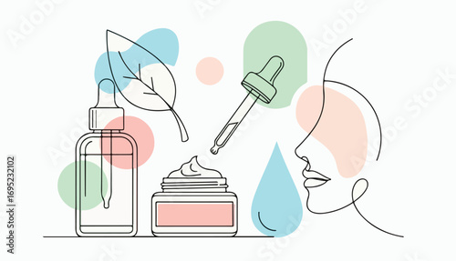 Line art illustration depicting skincare products, including a serum bottle, cream jar, dropper, leaf, water drop, and a woman's face profile, with pastel color accents.