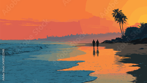 Romantic couple walking along serene tropical beach at vibrant sunset for travel agency promotions.

