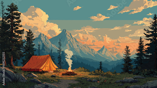 Mountain campsite with glowing orange tent among pine trees at sunset perfect for outdoor adventure and travel inspiration.

