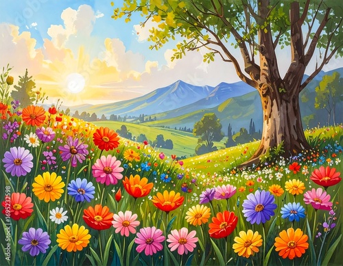 Wallpaper Mural Colorful meadow landscape at sunrise Torontodigital.ca