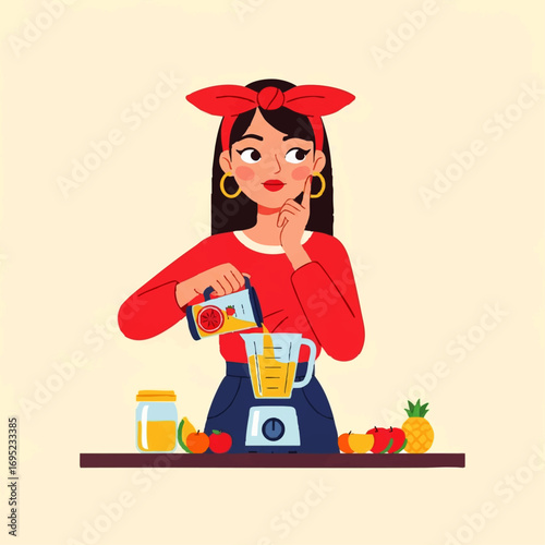 Woman making a healthy smoothie with fresh fruits in a blender.