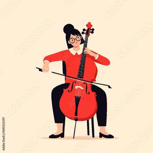 Woman playing cello with glasses and red shirt.