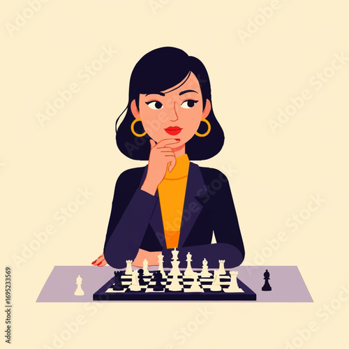 Woman thoughtfully playing chess game strategizing her next move.
