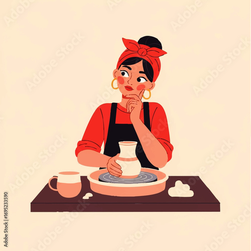 Woman thoughtfully working on pottery wheel creating ceramic art.