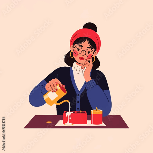 Young woman making a candle at home with focus and care.