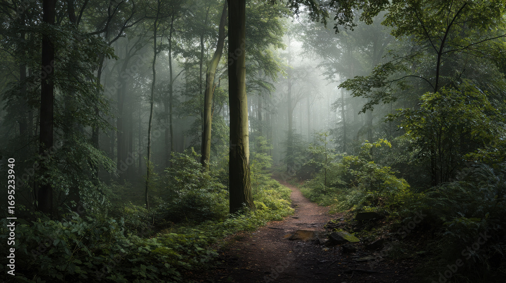 Fototapeta premium A misty forest path inviting a peaceful walk amidst the green trees.