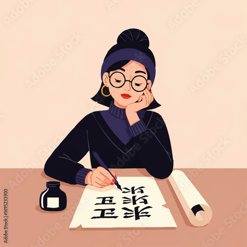 Young woman practicing calligraphy with ink and brush.