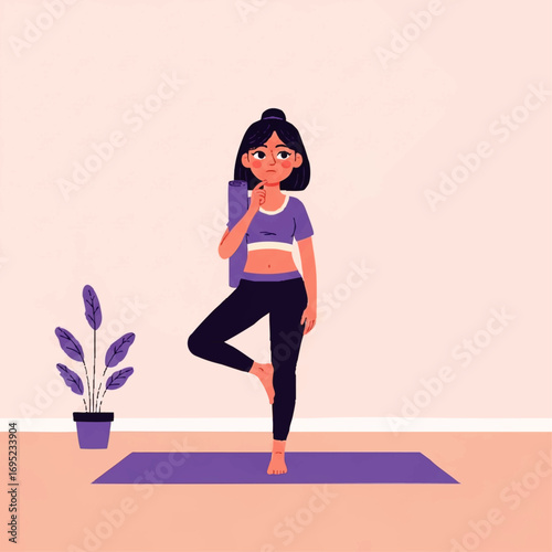 Young woman practicing yoga tree pose indoors on a mat.