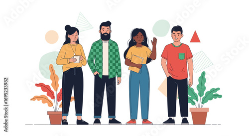 Flat vector illustration of a diverse group of young adults standing together. Four characters with casual modern outfits