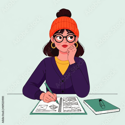 Young woman wearing glasses and beanie sketching in a notebook.