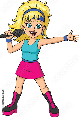 Cartoon girl, singing character, microphone, pop star, blonde hair, stylish outfit, performance pose, vibrant colors, music, stage, earrings, boots, headband, wristband, skirt